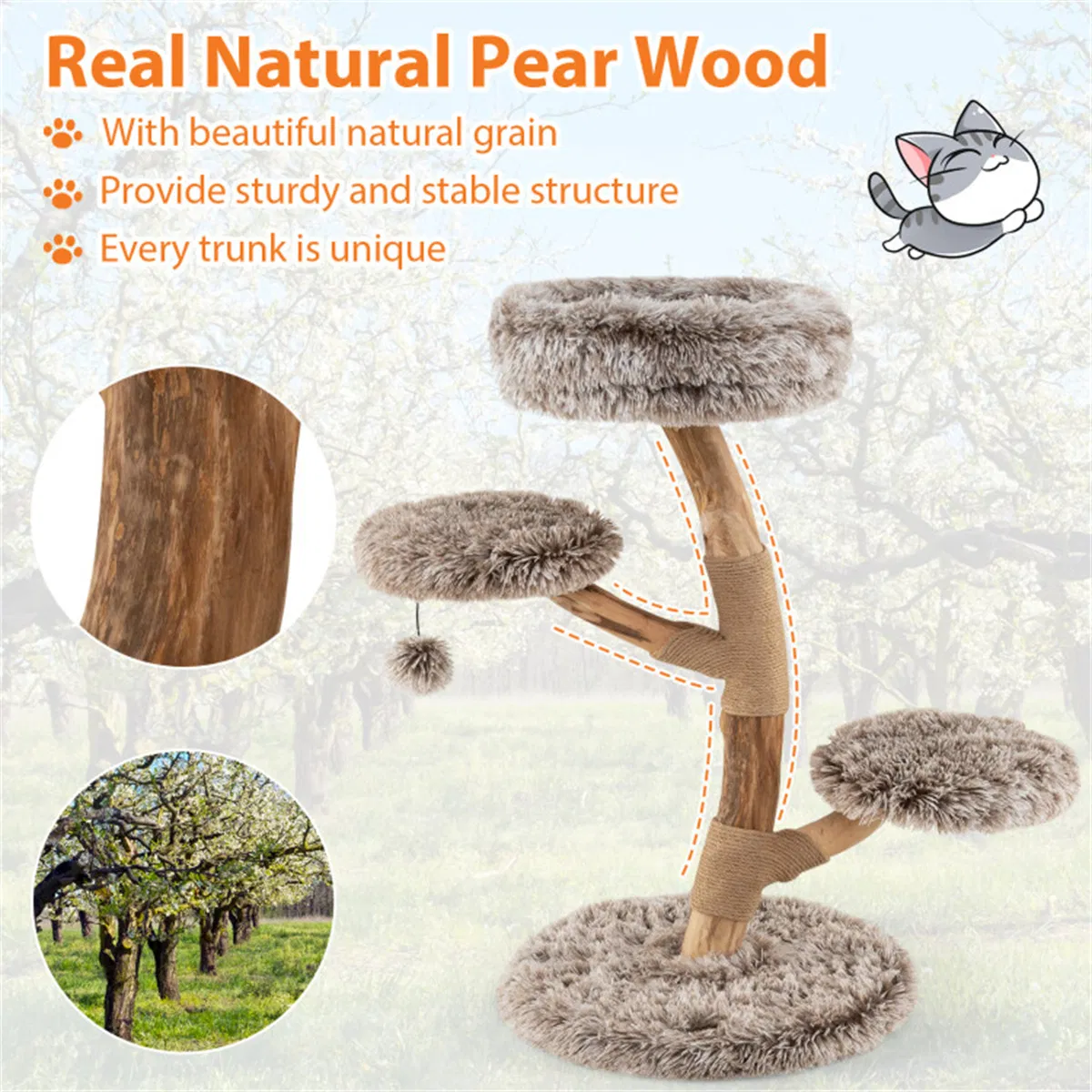 4-Level Natural Pear Wood Cat Tree - 19.5"x35.5", Jute Scratch Posts + Plush Ball, Long Plush — image 10