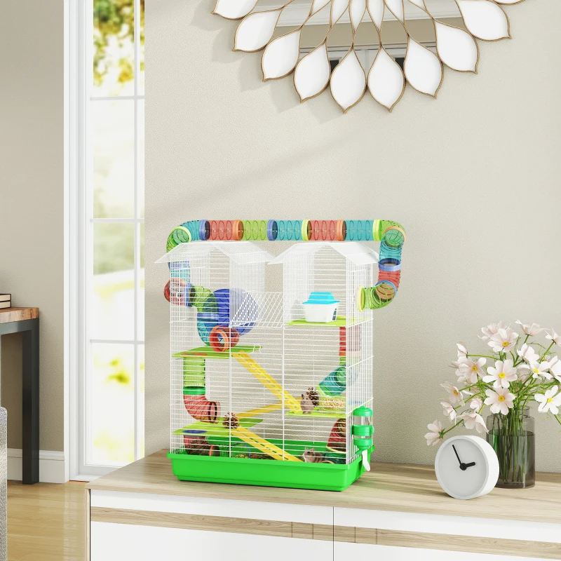 PawHut 5 Tier Hamster Cage With Tubes And Tunnels, Small Animal Cage, Rat Gerbil Cage With Water Bottle, Food Dish, Exercise Wheel, Green — imagen 4