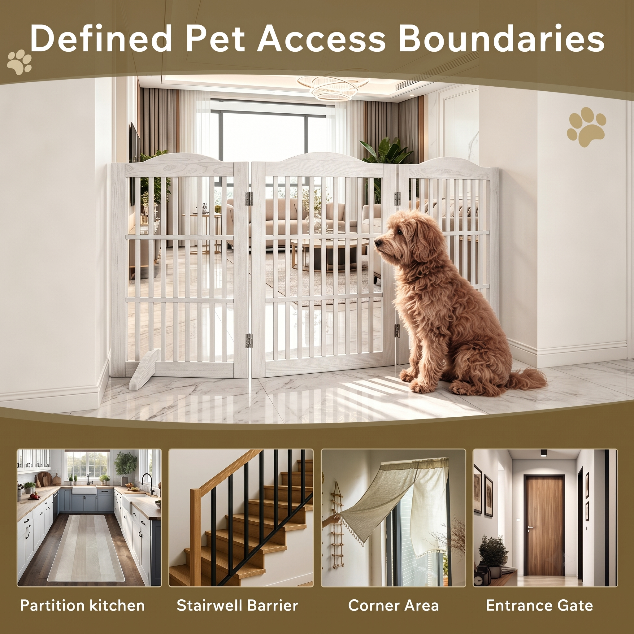 Puerta de Perro Freestanding Hidráulica de Madera para Canes, 3 Paneles, 30 pulgadas, Barra de Acceso para Mascotas en Casa — imagen 4
