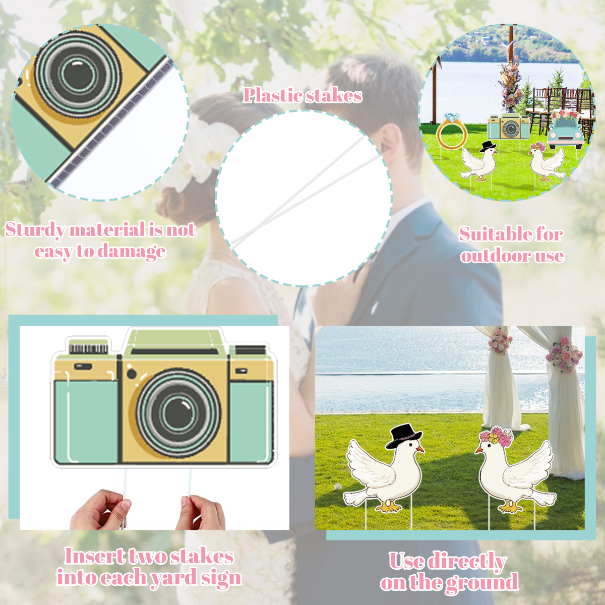 5 Piezas de Letreros de Jardín para Fiesta de Bodas con Estacas, Diseño de Paloma, Anillo y Cámara, Decoración de Camino, Letrero de Bienvenida de Plástico para Recepción, Grandes Accesorios de Fondo para Photo Booth de Despedida de Soltera, para Bodas P — imagen 7