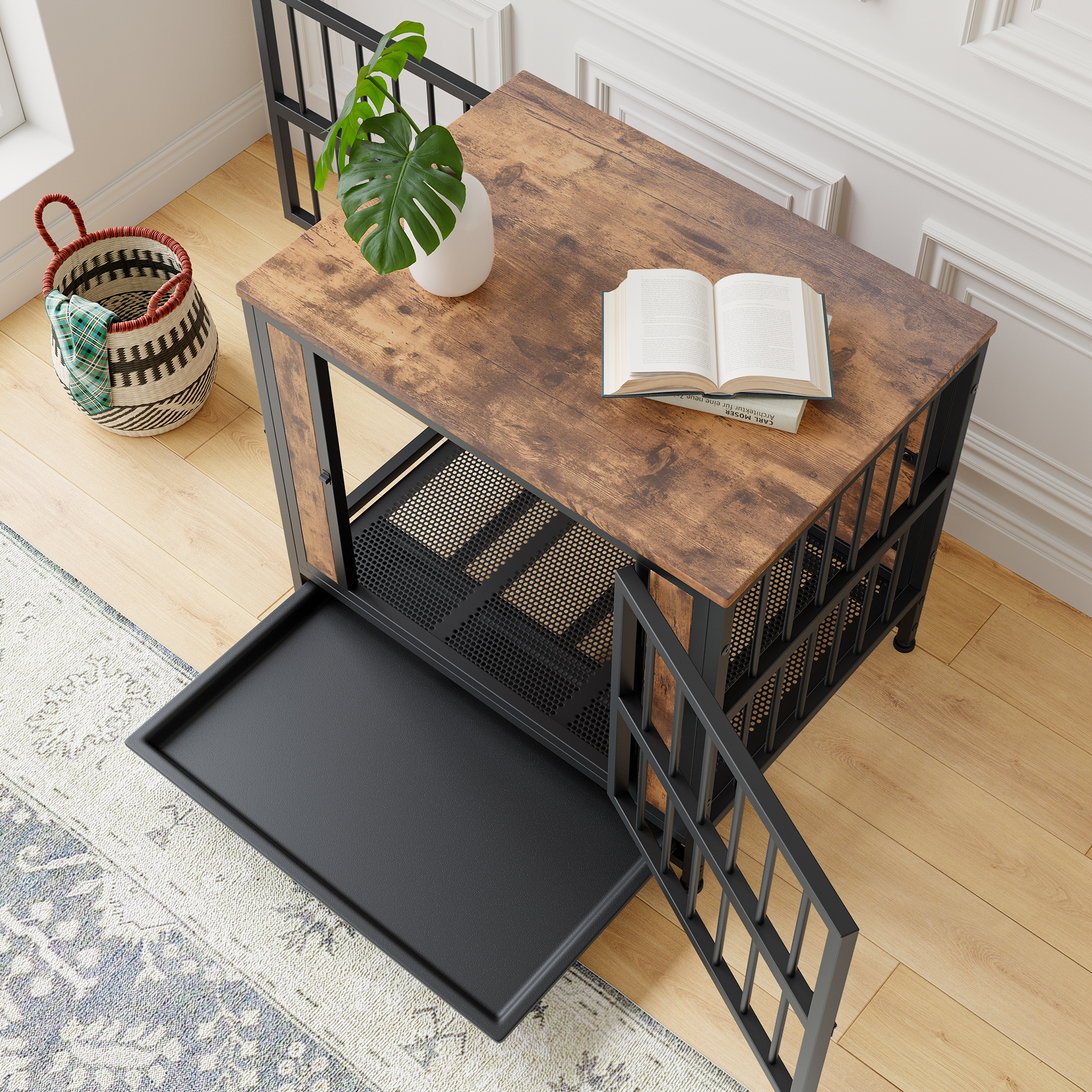 Mueble para Perro, Caja de Madera para Perros con 2 Puertas Deslizantes y Estructura de Puerta de Hierro Espesa, Casa Decorativa para Pequeños Perros para Uso Interior (Marrón Rustico) — imagen 4