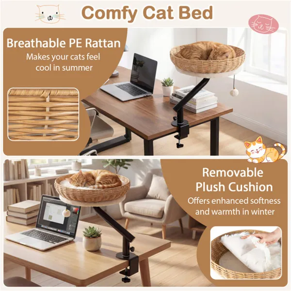 360° Rotatable Desktop Cat Bed Perch, 2-in-1 Workspace Cat Retreat With Jingling Ball (Natural + Black + White) — image 2