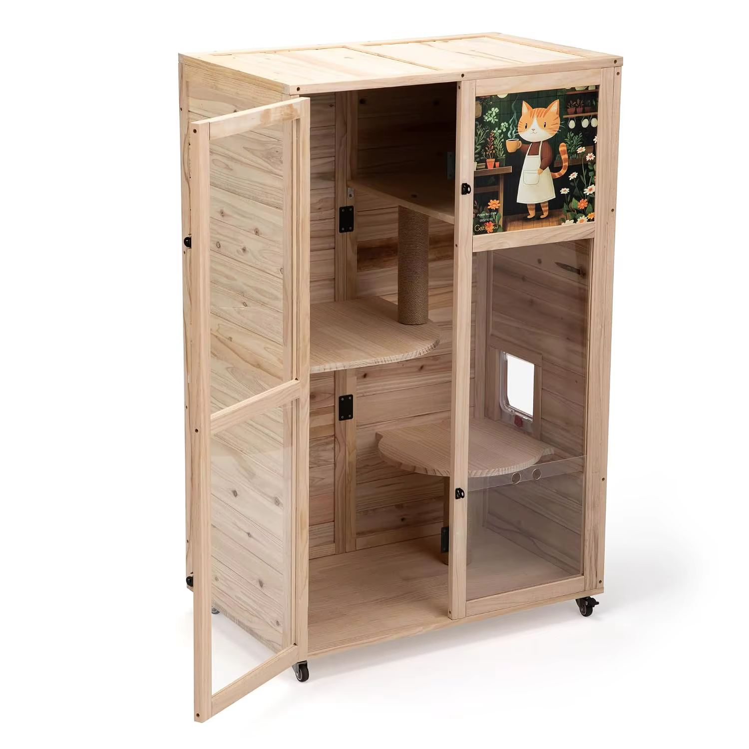 Large Wooden Cat House on Wheels, Indoor Cat Villa with Condo, Multi Platforms, Scratchers, Vent, Litter Box Area, Custom — image 5
