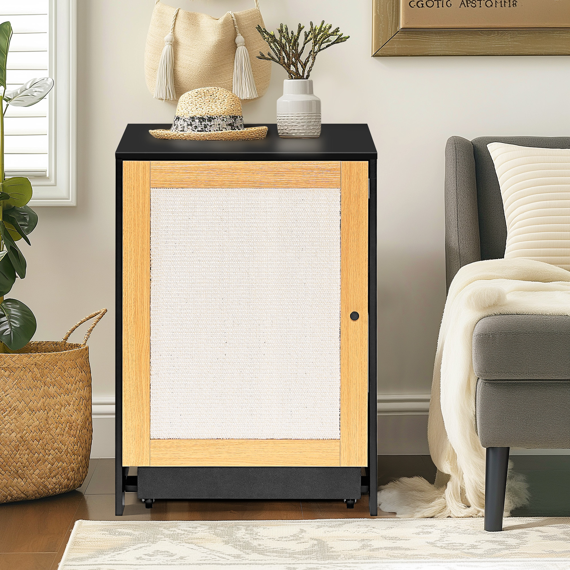 Caja de Arena para Gatos, Baño Oculto, Mesa para Gatos, Armario de Arena con Puerta de Sisal, Negro — imagen 1