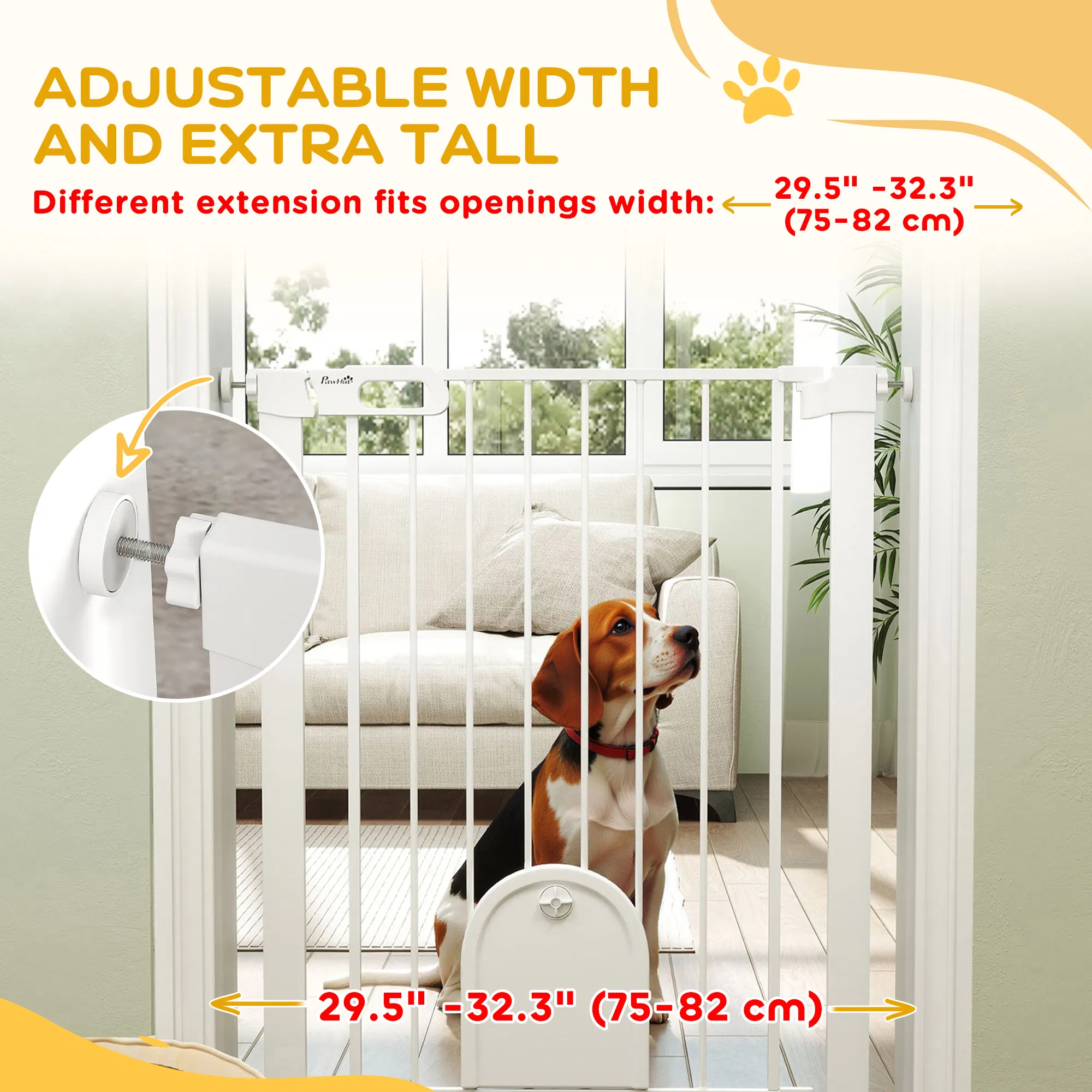 30"-32" Extra Wide Pet Gate Barrier with Small Door, 35"H Dog Gate with Safety Gate Barrier, Stair Pressure Fit, White — image 3