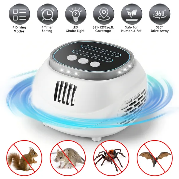 Ultrasonic Rodent Chaser Rat Repellent Pest Driver Mouse Control Squirrel Repeller With 4 Modes 4-65KHz Strobe Light 4 Timer 1292sq.ft. Coverage For Rodent Mouse Rats Squirrels Bats GPCT5491 — image 12