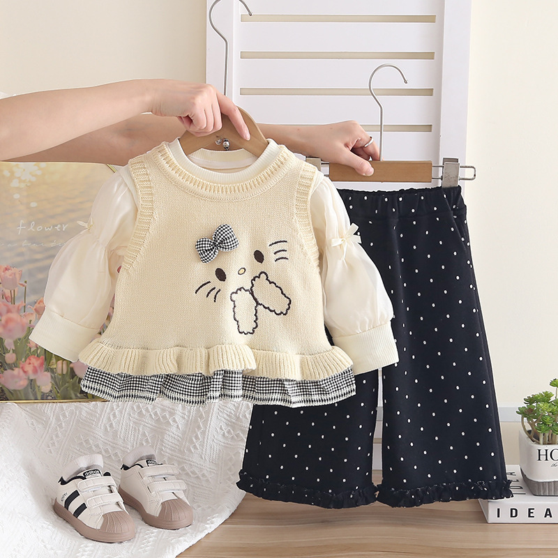 Girls Polka Dot Rabbit Sweater Three-Piece Autumn Spring Fashionable Outfit Set — image 5