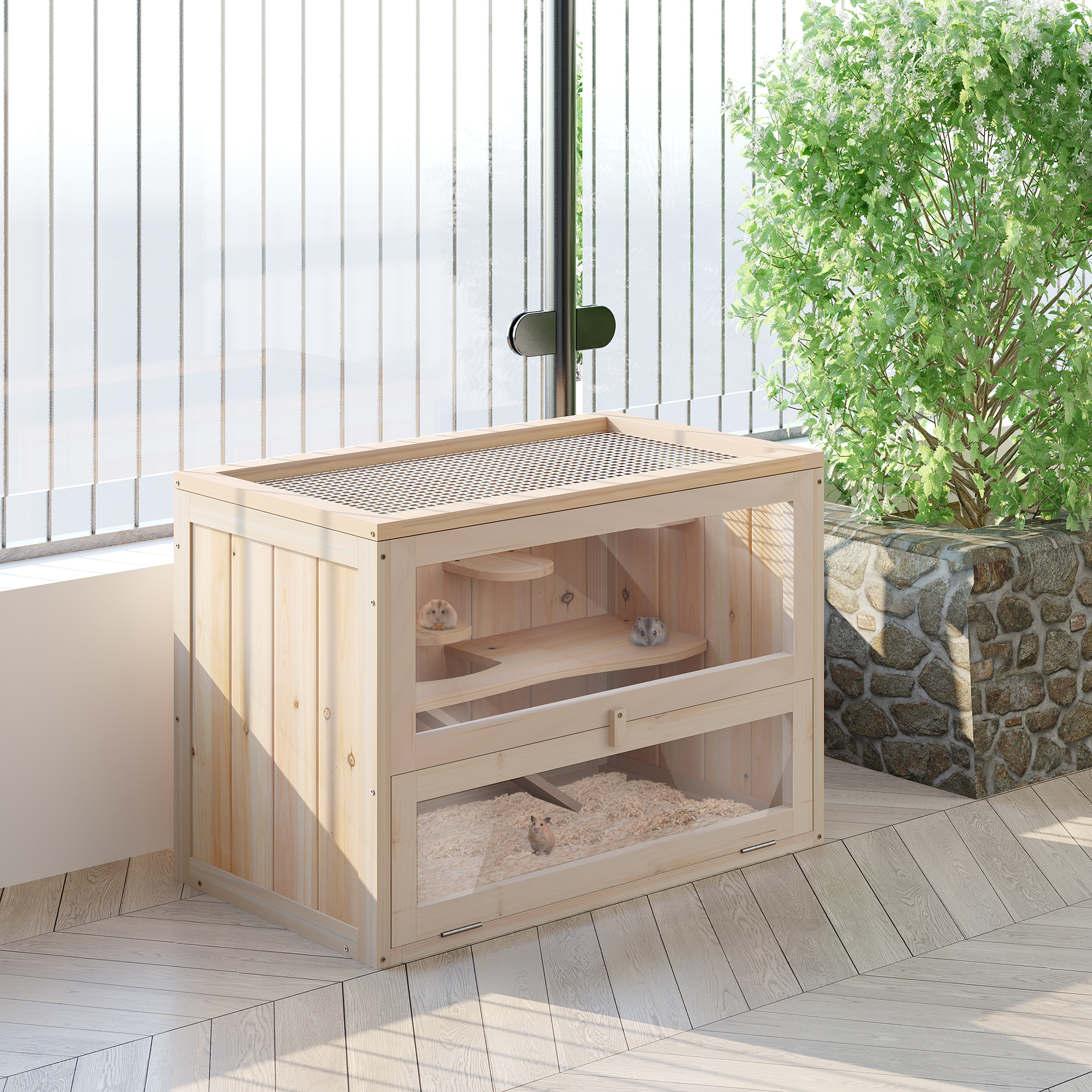 Jaula para Hámster de 2 Niveles, Casa para Ratones y Ratas, Hábitat para Animales Pequeños para Cobayas y Chinchillas con Techo Abatible, Puerta Frontal, Estante y Escalera, Natural — imagen 8