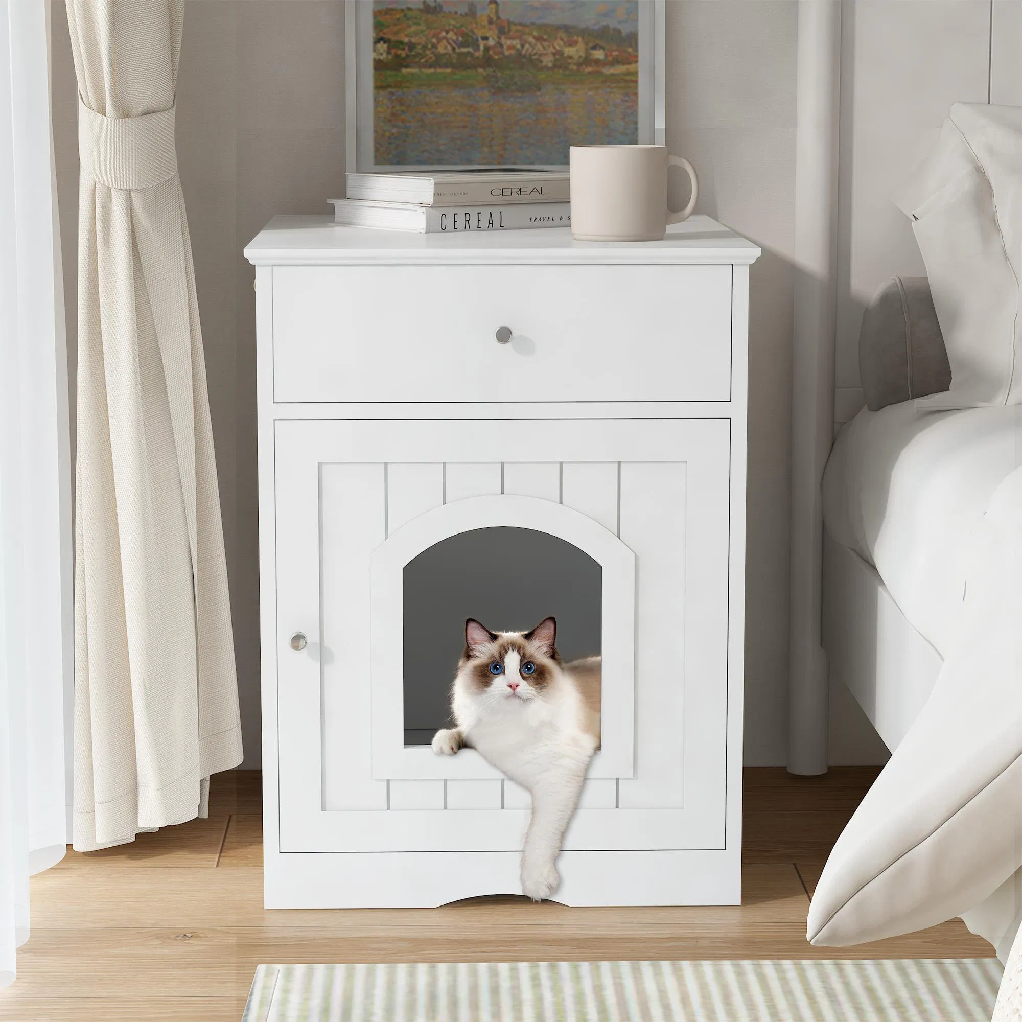 Wooden Pet House Cat Litter Box Enclosure with Drawer, Side Table, Indoor Pet Crate, Cat Home Nightstand (White) — image 1