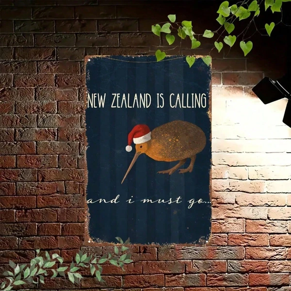 CIFbuy New Zealand Kiwi Metal Sign With Christmas Hat, Vintage 2D Flat Plaque Wall Art, Festive Holiday Decor Ornament For Living Room, Oom Logiopics — image 1