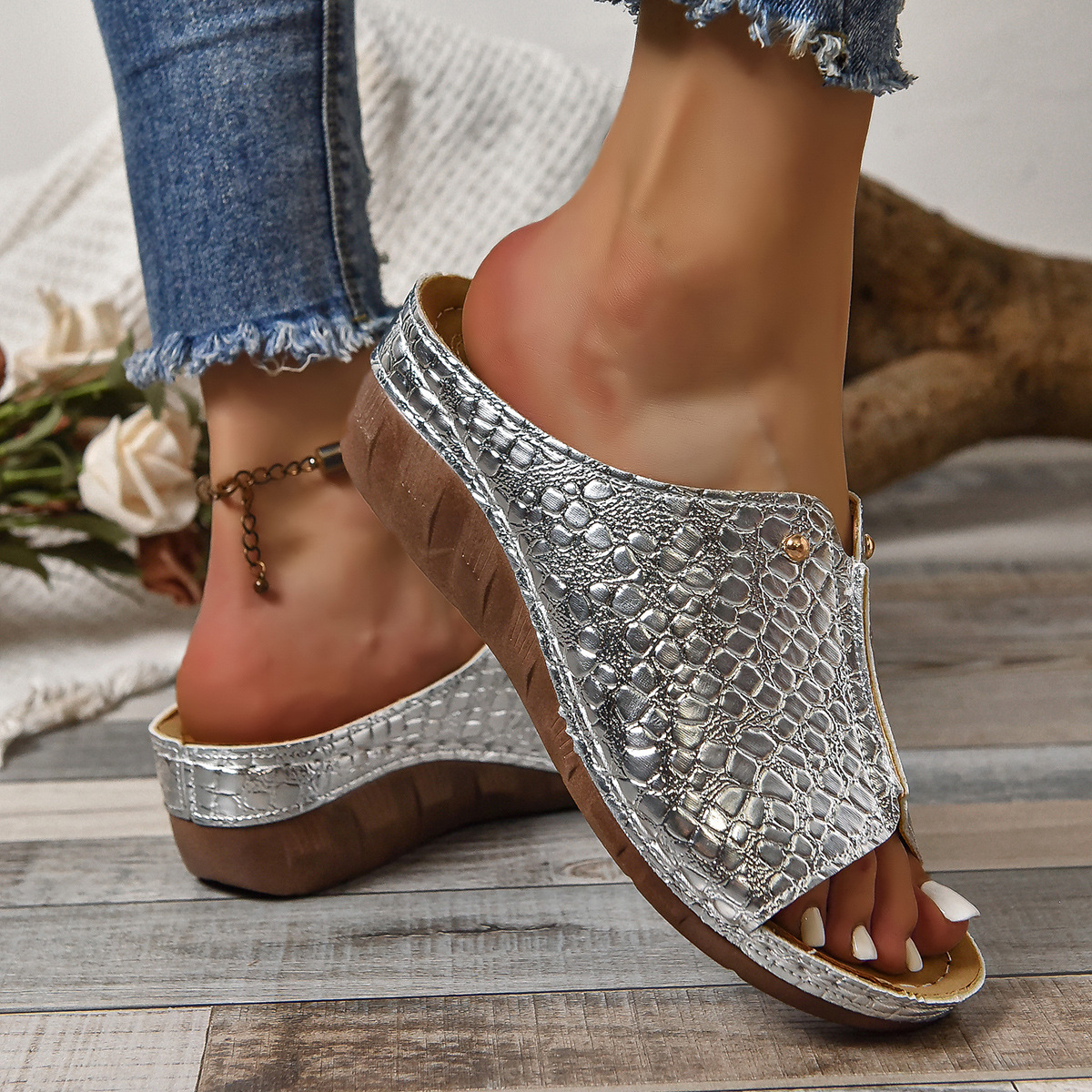 Zapatos de sandalias con diseño de cocodrilo para mujer, verano, exterior, espuelas gruesas — imagen 4