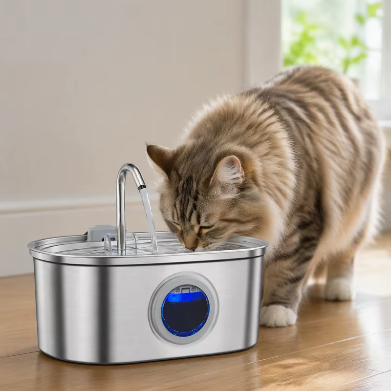 Fuente de Agua para Mascotas 3.2L Capacidad Grande 304 Acero Inoxidable 3. Nivel de Agua LED, Triple Filtración, Bomba Silenciosa, para Gatos y Perros — imagen 3