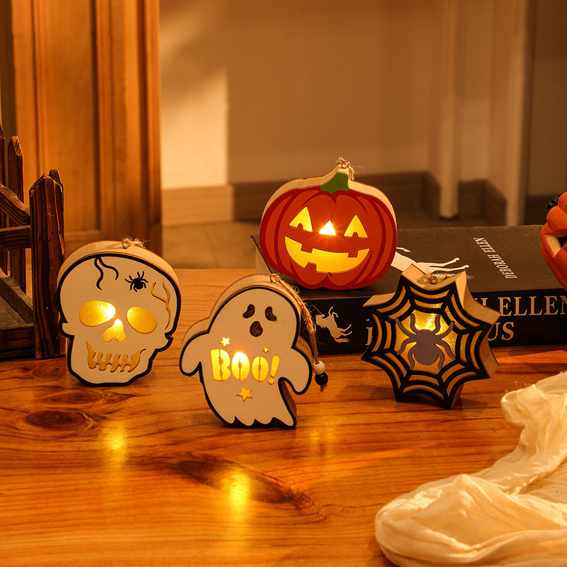 Halloween Decoration Pumpkin Lantern Wooden Skull Spider Halloween Scene Hanging Ornament Night Light — image 4