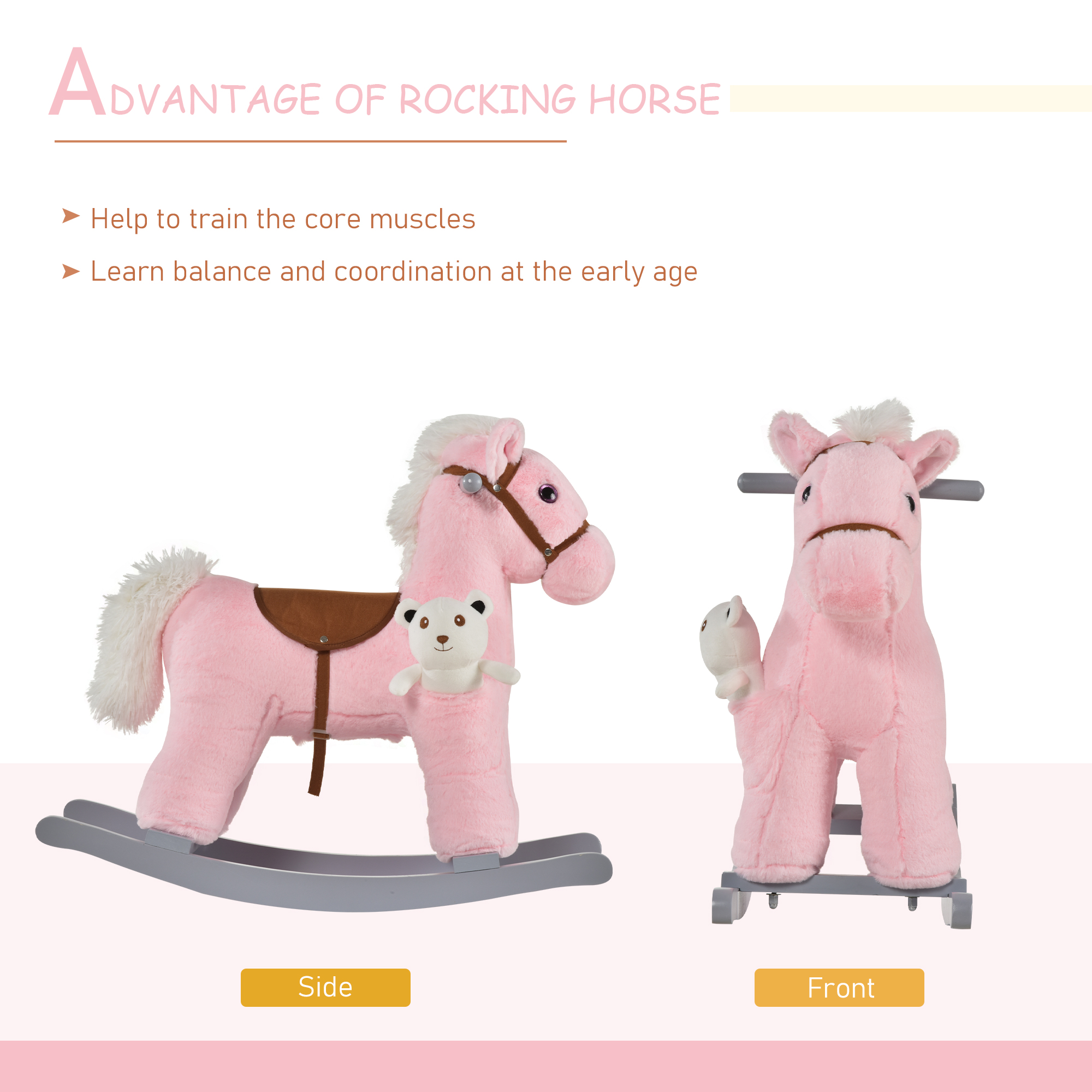Caballo de Madera con Sonidos y Oso Plush para Niños, Juguetes de Equilibrio con Movimiento Realista para Bebés de 18-36 Meses, Rosa — imagen 2