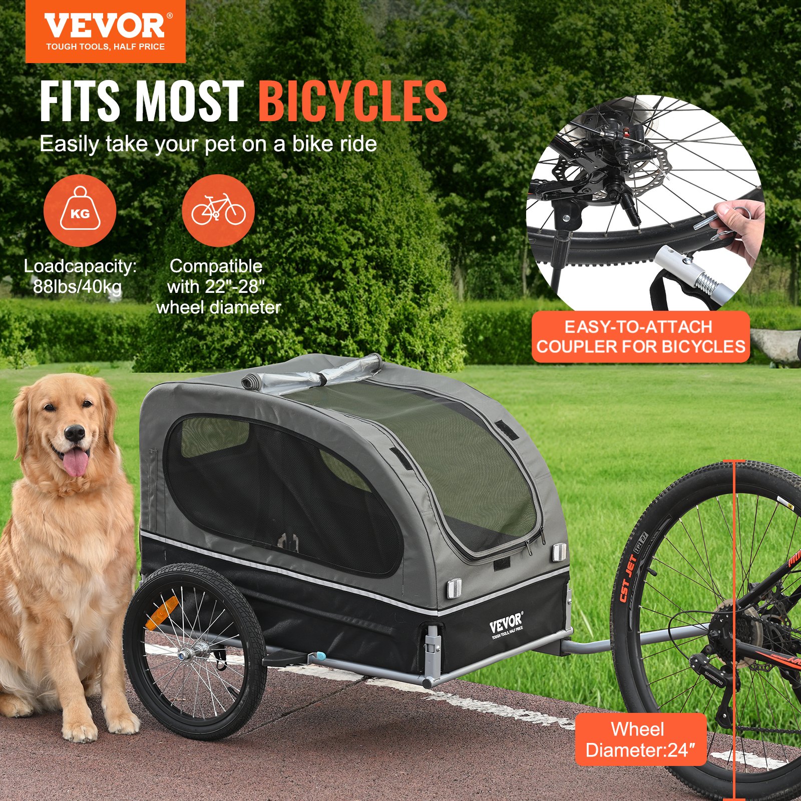 Dog Bike Trailer, Supports Up To 88 Lbs, Pet Cart Bicycle Carrier, Easy Folding Frame With Quick Release Wheels, Universal Bicycle Coupler, Reflectors, Flag, Collapsible To Store, BlackGray — image 10