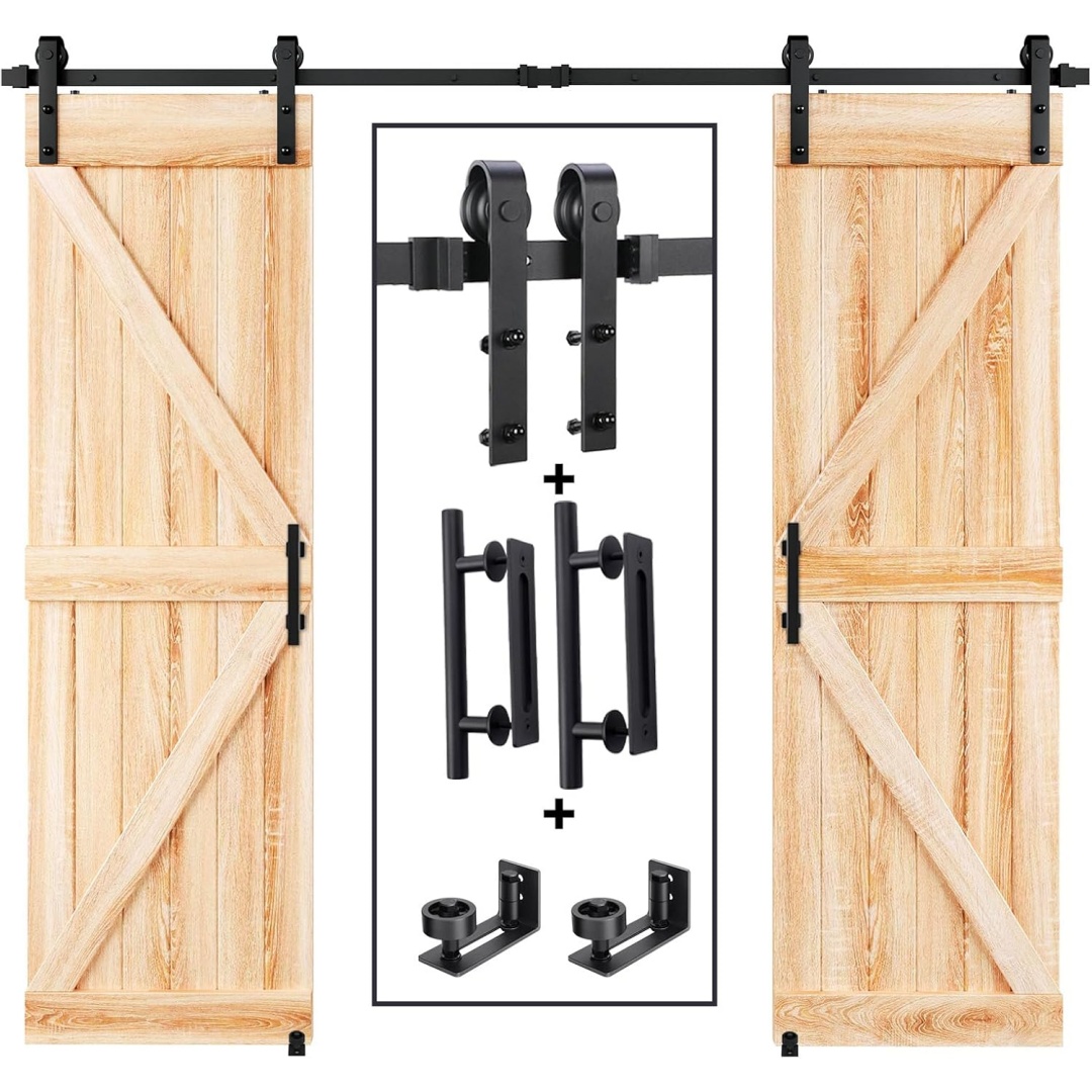 Kit de Hardware para Puertas Corredoras de Estilo Granja doble con Polea J Básica, Desliza Silenciosamente y Suavemente, Instalación Fácil 8 pies de Vía para Paredes de 20-24 pulgadas de Ancho — imagen 1