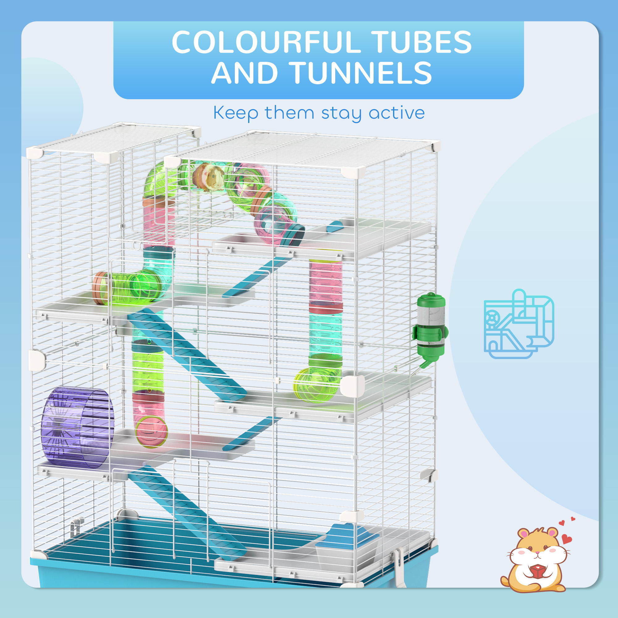6 Tier Hamster Cage with Tubes and Tunnels, Hut, Wheel, Food Dish, Water Bottle, Ramps, for Dwarf & Gerbil, Light Blue — image 4