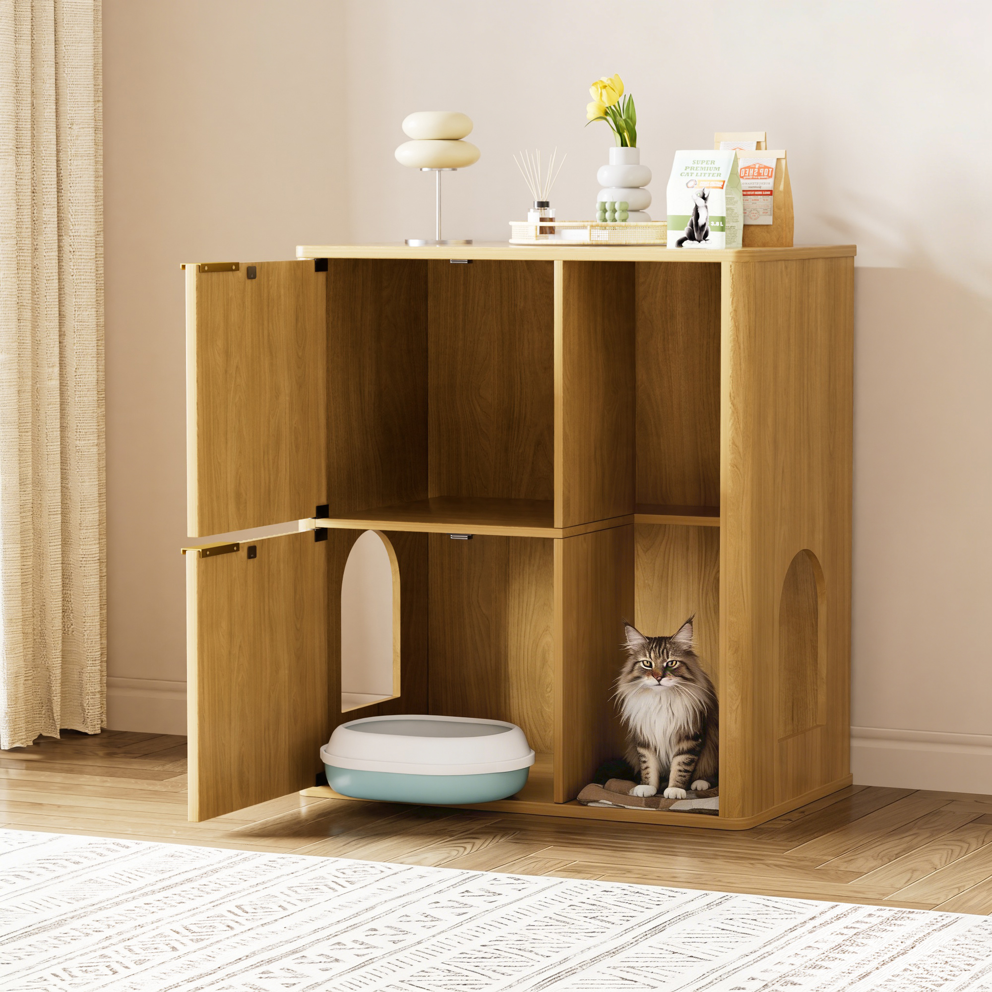 Gabinete para Arenero de Gato de 31.5 Pulgadas en Madera Clara con Rascador Integrado - Mueble Oculto con Puertas Dobles para Gatos y Repisas de Almacenamiento, Gabinete Versátil para Sala o Dormitorio — imagen 2