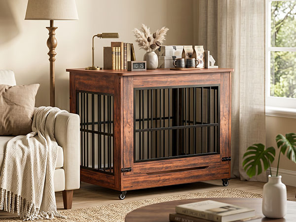 Large Dog Crate Furniture, Double Door Wooden Indoor Dog Kennel Furniture, Decorative Pet Cage End Table With Wheels For Large Breed Dogs, Size XL, Greige — image 1