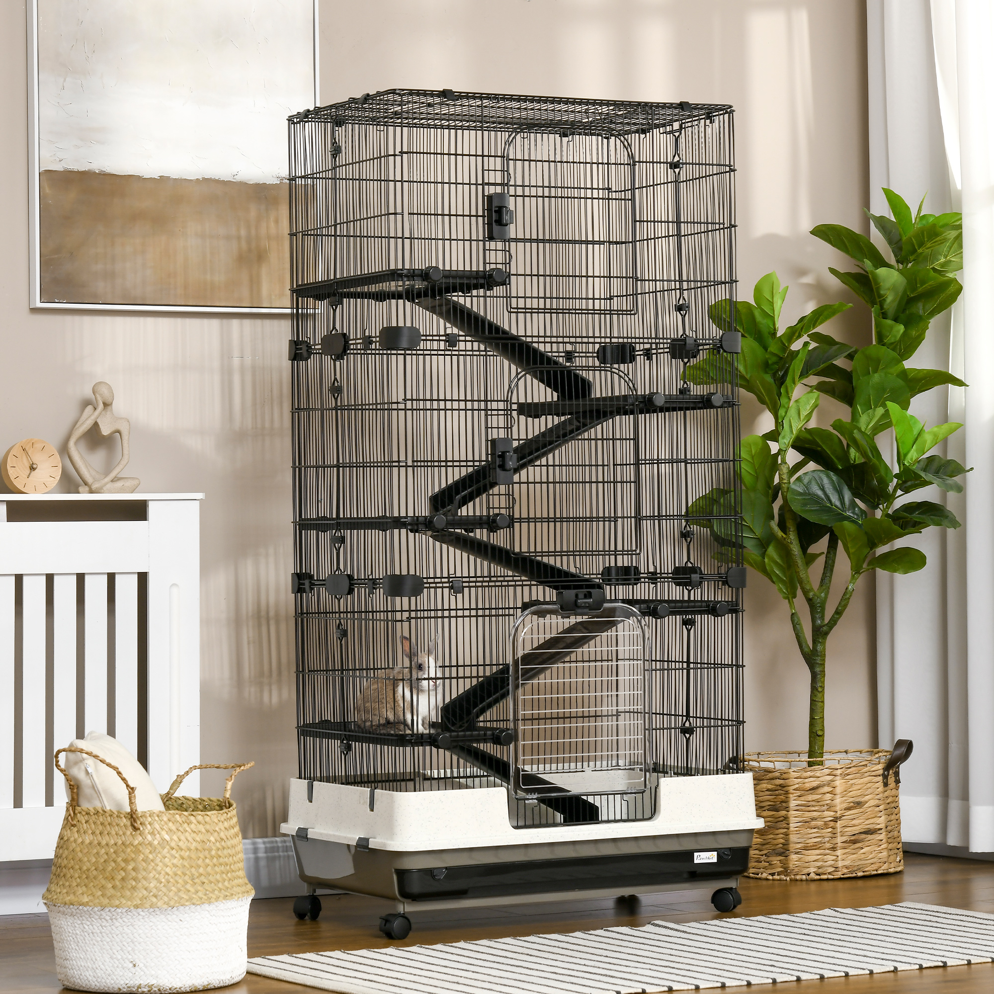 Caja de 6 niveles para conejos y pequeños animales con plataforma rodante, negro — imagen 1