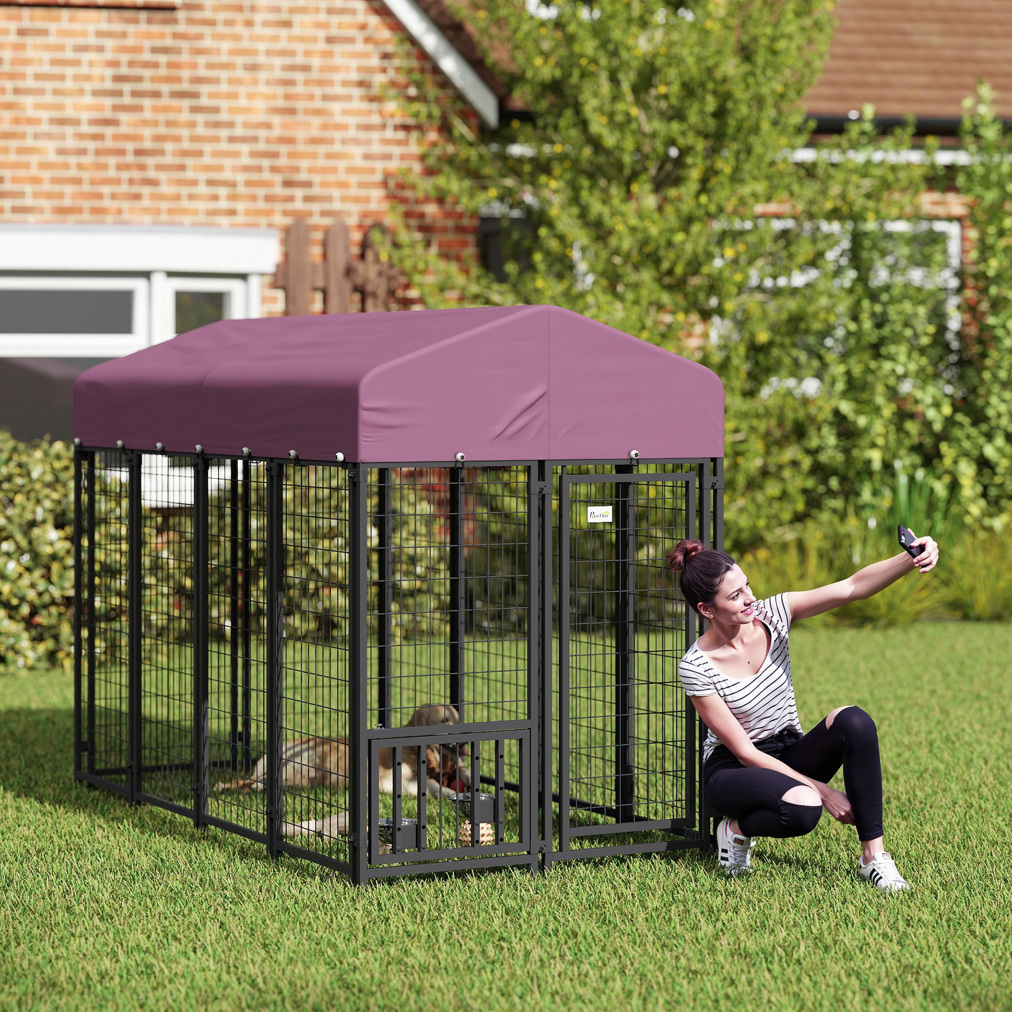 Welded Wire Outdoor Dog Kennel With 360° Rotating & 4 Levels Adjustable Bowls, Waterproof Cover, 7.9' X 4' X 6' — image 1