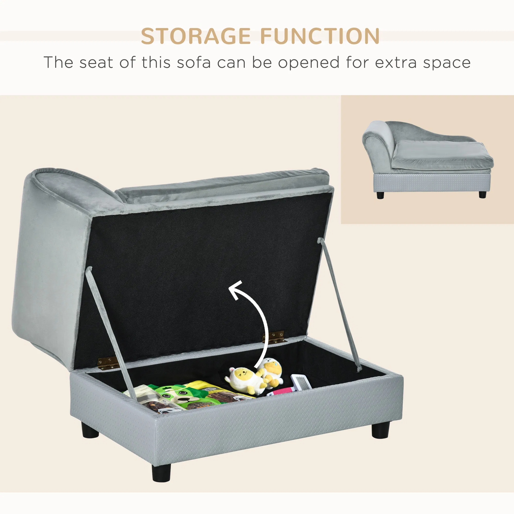 Cama de Perro de Lujo para Pequeños, Almacenamiento Oculto, Sofá Suave con Espuma, Mobiliario Moderno para Mascotas, Gris — imagen 8