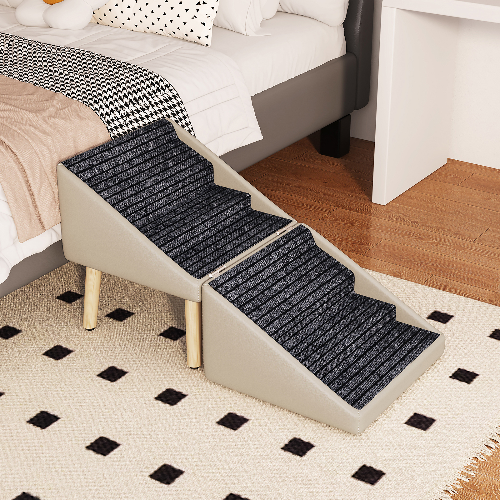 Paso para Perros para Cama y Sofá - Escaleras de Madera 2 en 1 para Perros Grandes, Medianos y Pequeños, Diseño Split con Superficie Antideslizante Gris Claro — imagen 17