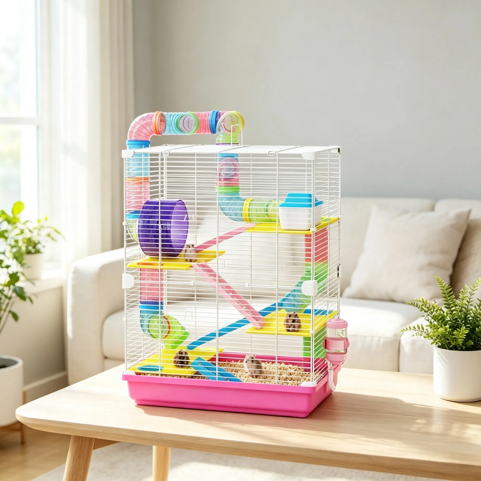Pink 5-Tier Portable Hamster Cage for Short Trip Outing, Small Animal Travel Carrier with Tunnel Tubes — image 3