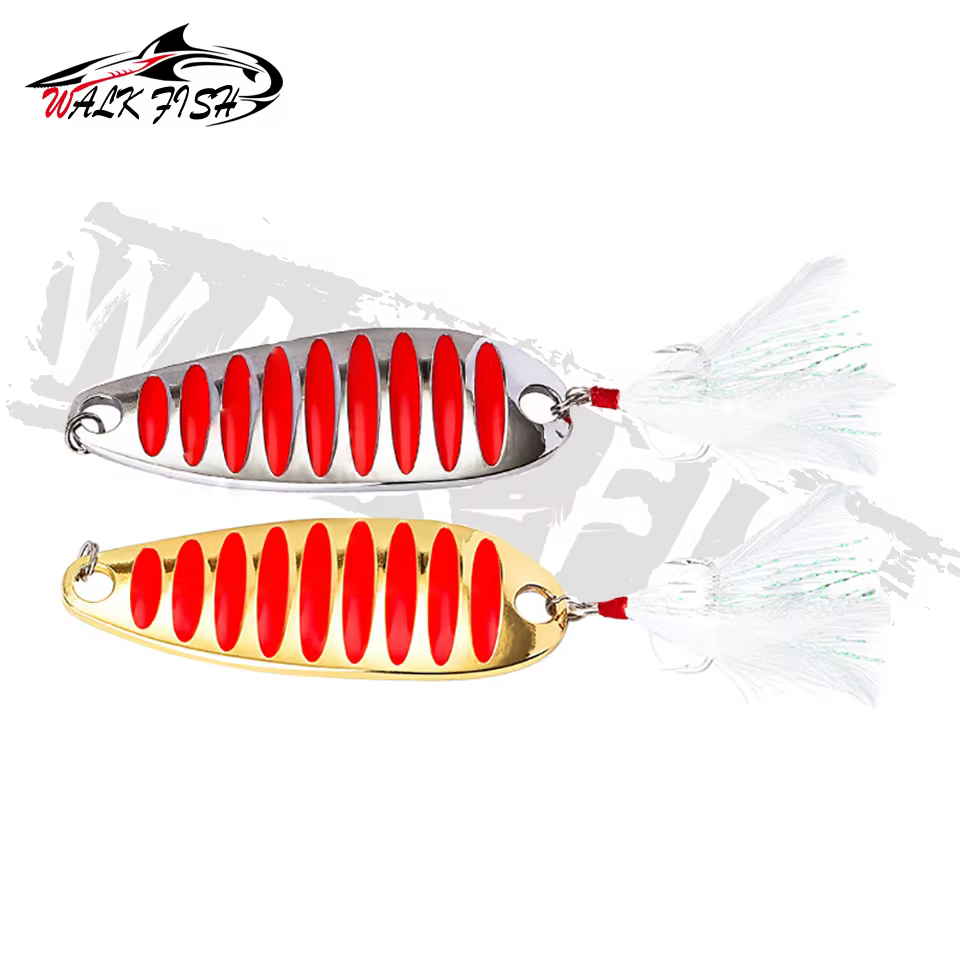Cuchara de pesca WALK FISH - Linternas de pesca metálicas pesadas 5g/7g/10g/15g/20g/30g en oro y plata con atracones de pluma — imagen 6