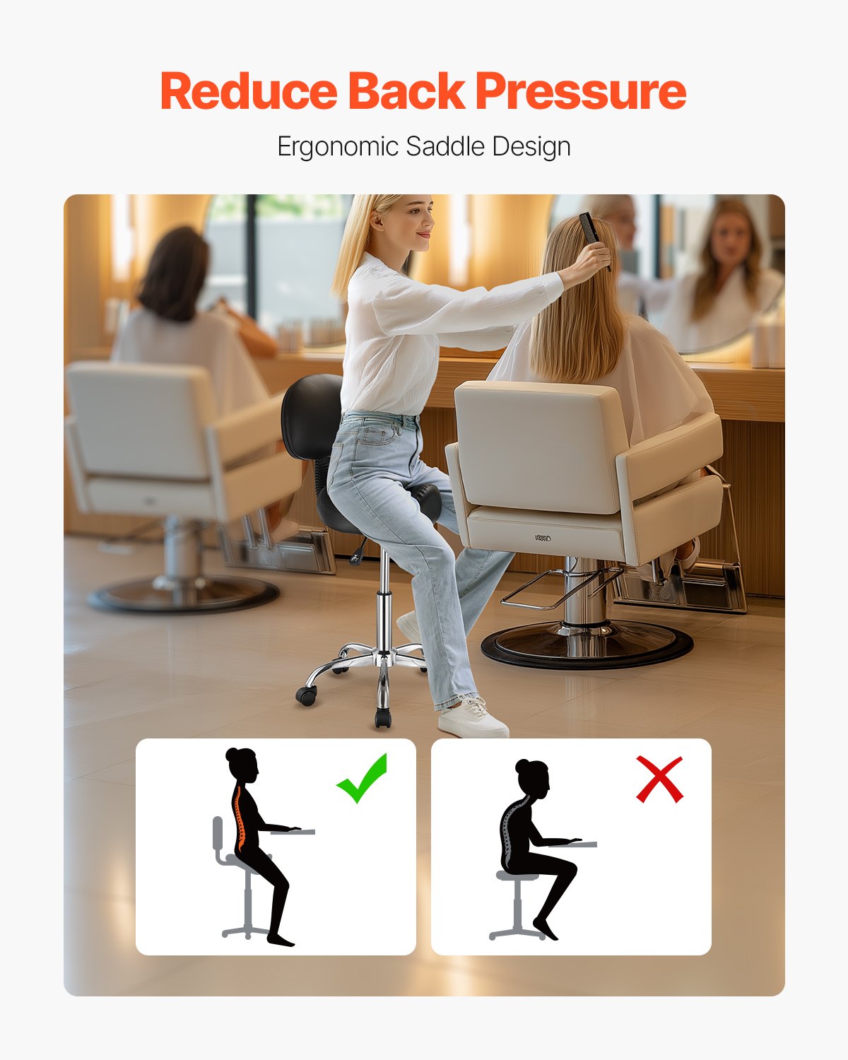 Saddle Stool With Back Support And Wheels, 450 LBS Weight Capacity Ergonomic Rolling Stool, Height Adjustable Thickened PU Leather Swivel Saddle Chair For Salon, Spa, Massage, Tattoo, Black — image 2