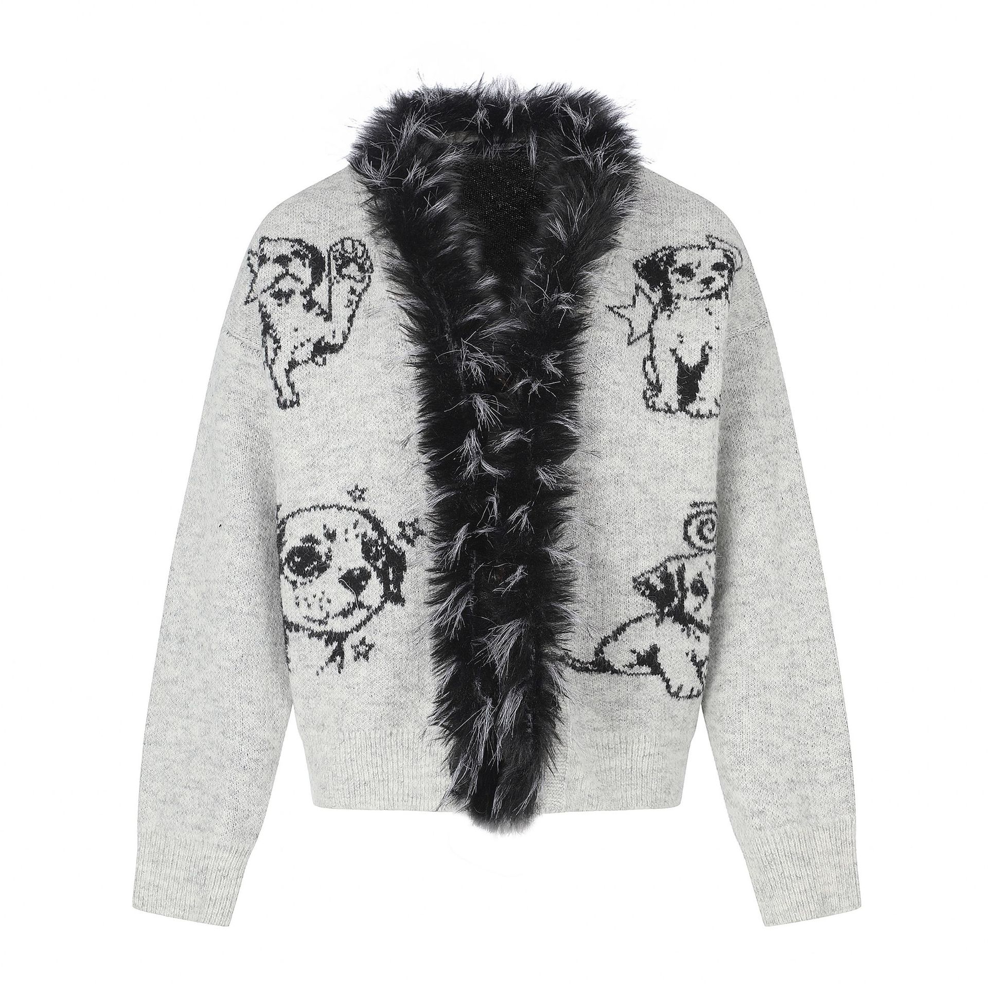 Women's Sweet Cool Faux Fur Collar Knit Cardigan with Cartoon Puppy Jacquard V-Neck Loose Soft Sweater Outerwear — image 1