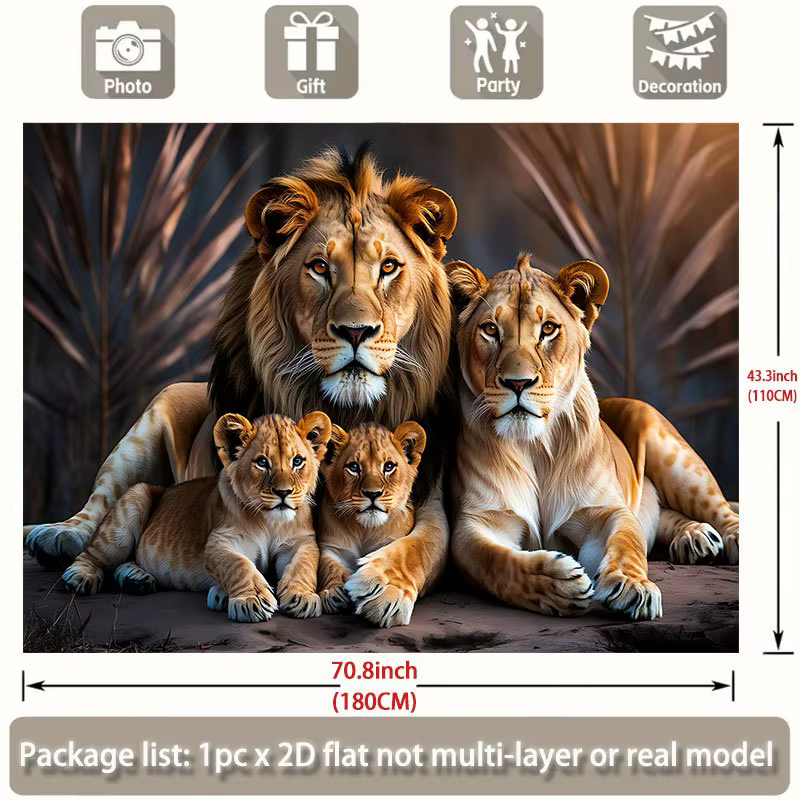Tapiz Plano 2D, Retrato de Familia de Leones Cachorros y Adultos, Vida Silvestre Safari, Regalo para Amantes de los Animales, Decoración de Pared para Habitación Infantil, Naturaleza Africana — imagen 5