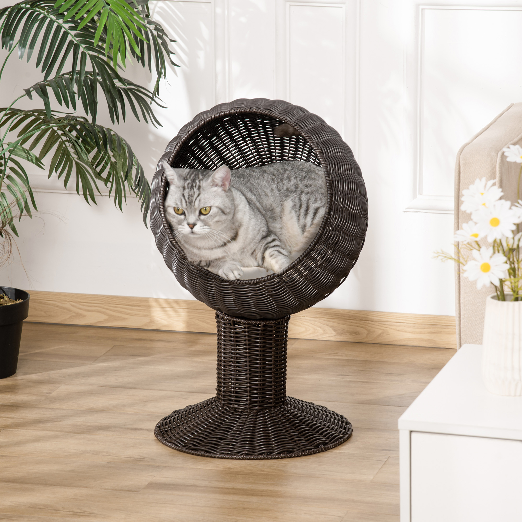 Cama Elevada para Gatos de 27", Silla Huevo Giratoria, Cojín Grueso, Estera Natural Tejida, Color Café — imagen 6