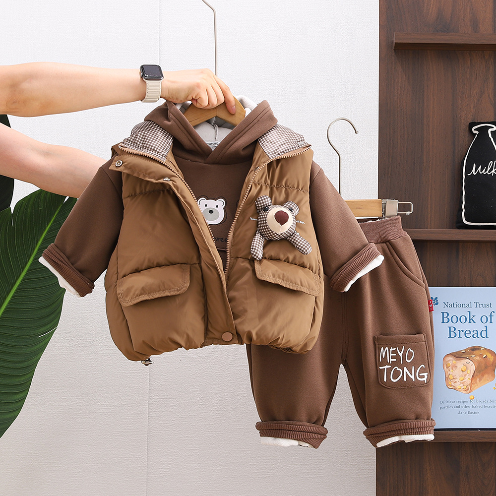 Unisex Kids Winter Fleece-Lined Hoodie Sweatshirt Thickened Bear Head Cotton Vest 3-Piece Set — image 7