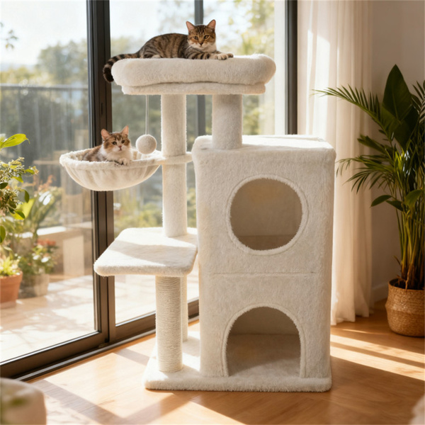 Rascador para Gatos Multinivel Beige de 33.5 Pulgadas con Condominio de 2 Niveles, Postes de Rascar de Sisal y Dispositivo Antivuelco para Gatos — imagen 4