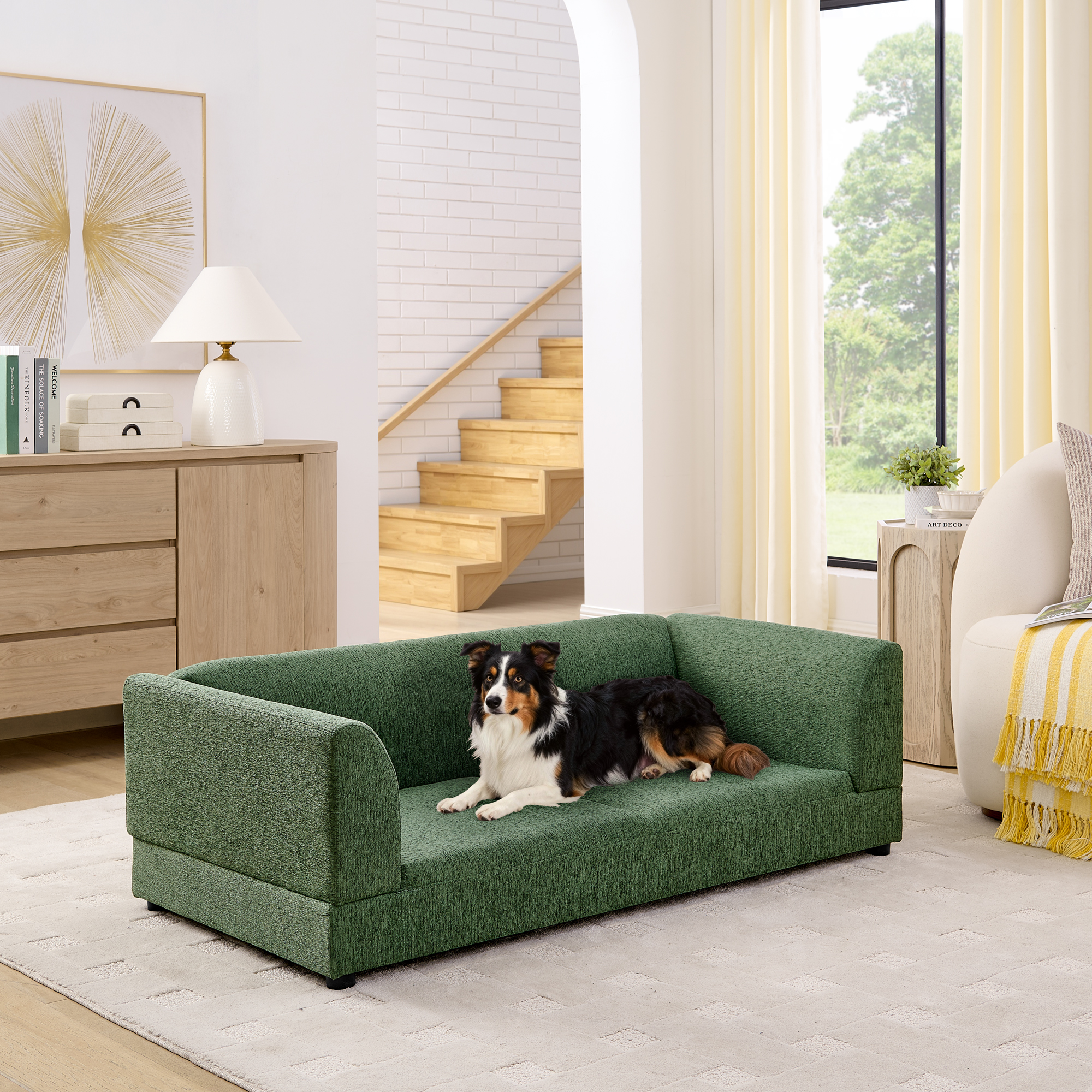 Comfortable Oversized Pet Sofa For Medium-Large Dogs Modern Rectangular Design With Backrest, Armrests Soft Cushion -OLIVE GREEN 56.5x26x17 — imagen 5