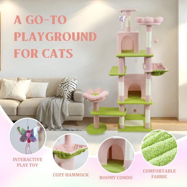 Flower Cat Tree With Large Condo Removable Flower Cushion And Hammock Pink — image 3