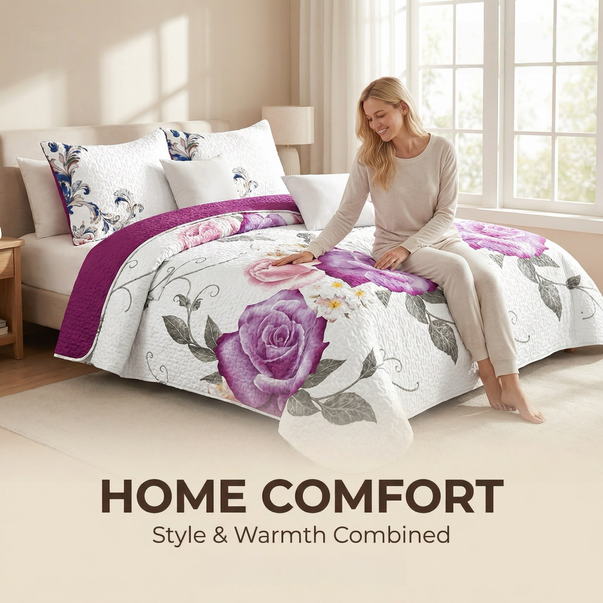 Set de Edredón y Cortinas de 9 Piezas 'Habitación en una Bolsa', Diseño Americano con Estampado Floral de Rosas Magenta y Morado Intenso, Colcha Gruesa con 6 Paneles de Cortina Personalizables, Apto para Mascotas de Alto Gramaje — imagen 8