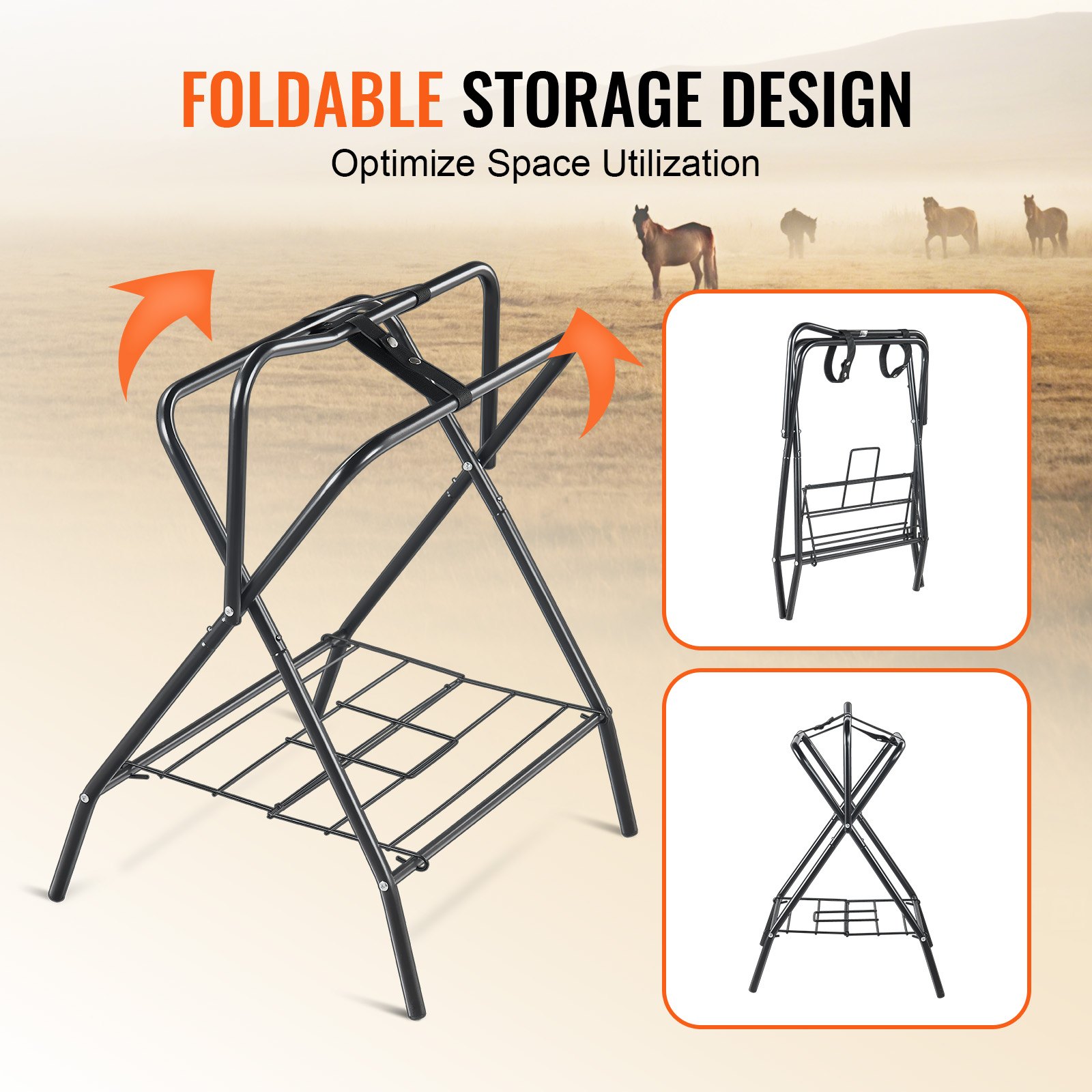Estacador de Silla de Equitación Plegable, 28 x 19 x 37.5 Pulgadas, Soporte para Sillas de Caballo Independiente, Porta Chaquetas de Caballo Portátil, Estacador de Acero Pesado para Sillas Inglés y Occidentales, Almacenamiento de Equipo Táctico, Negro — imagen 5