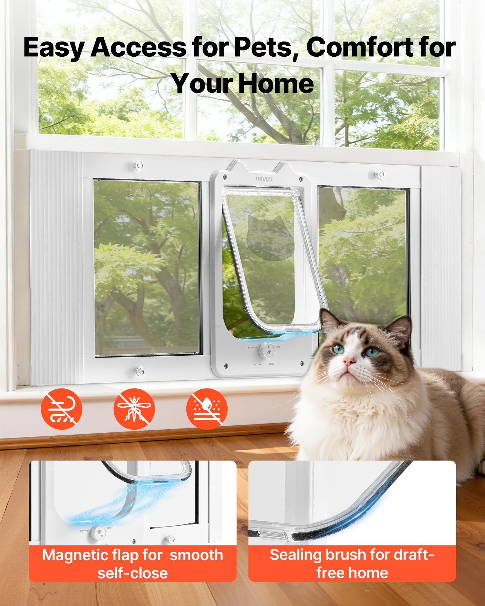 Puerta para Gatos en la Ventana, Ajustable de 87 cm - 102 cm de Ancho, 4 Modos de Bloqueo Seguros, Estructura de Aluminio y Vidrio de Alta Transparencia, Cierre Magnético, Puerta Rápida para Perros y Gatos Resistentes al Clima, Blanco — imagen 4