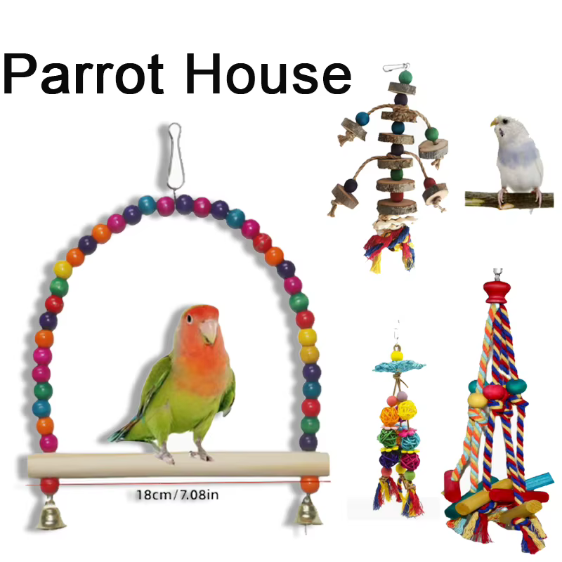 Pet Parrot Toys Swing Stand Colorful Wooden Bird Supplies Unique Shape Diverse Ways To Play Complete Variety Large Parrot Bite — image 1