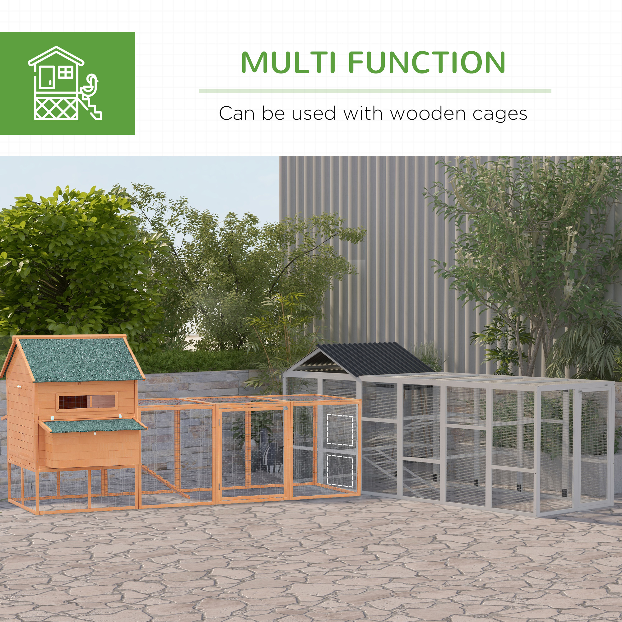 Wooden Chicken Coop Run for 6 - 10 Chickens, Hen House Add-On with Storage, Perches, 141.75" x 48" x 61", Gray — imagen 8