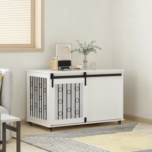 39.37'' White Indoor Dog Crate End Table - Wooden Kennel with Sliding Barn Door, Side Door & Lockable Wheels for Small/Medium Do — image 5