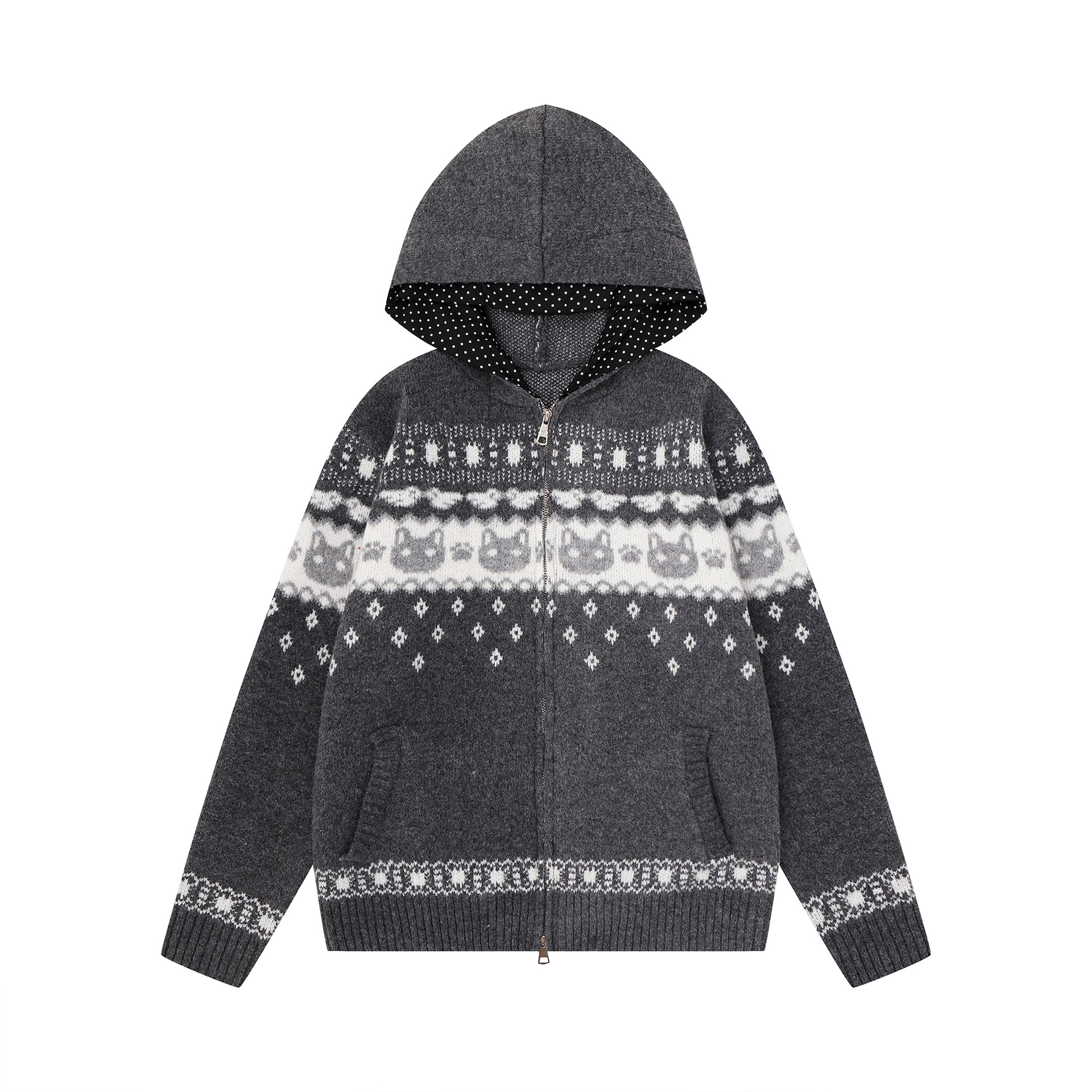 Vintage Cat Jacquard Knit Zipper Hooded Loose Cardigan Sweater Jacket — image 4