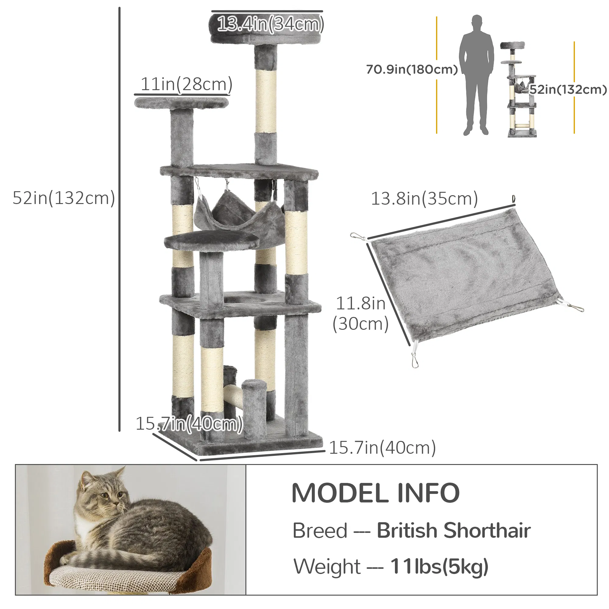 52" Multi-Level Cat Tree Tower, Kitten Scratcher Activity Center Play House with Hammock - Grey — image 4