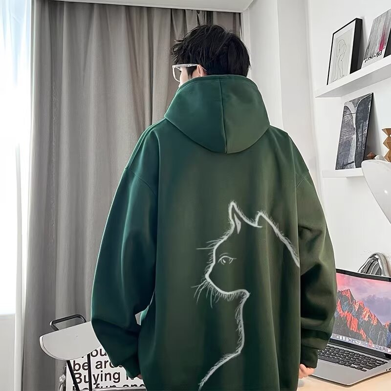 Unisex Casual Cartoon Cat Print Long Sleeve Fleece Lined Hooded Sweatshirt — image 8