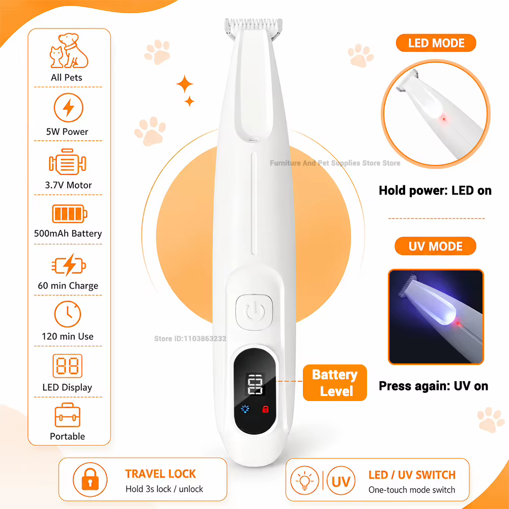 Pet Dog Electric Beauty Trimmer Waterproof Pet Foot Hair LED/UV Light Trimmer Low Noise Cat Dog Face Foot Ear Hip Claw Shaver — imagen 5