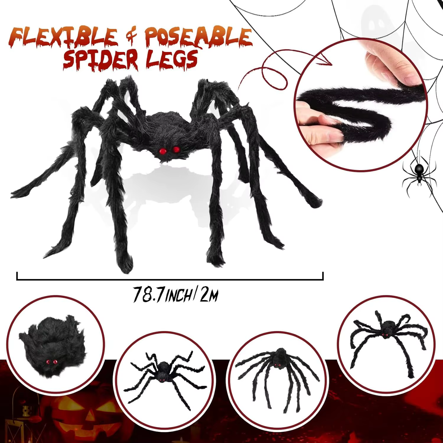 Gigantesco Araña de Plush Negro Decoración de Halloween 30-200cm Propiedades de Terror Casa Encantada Interior y Exterior Fiesta Decoración Aterradora — imagen 5