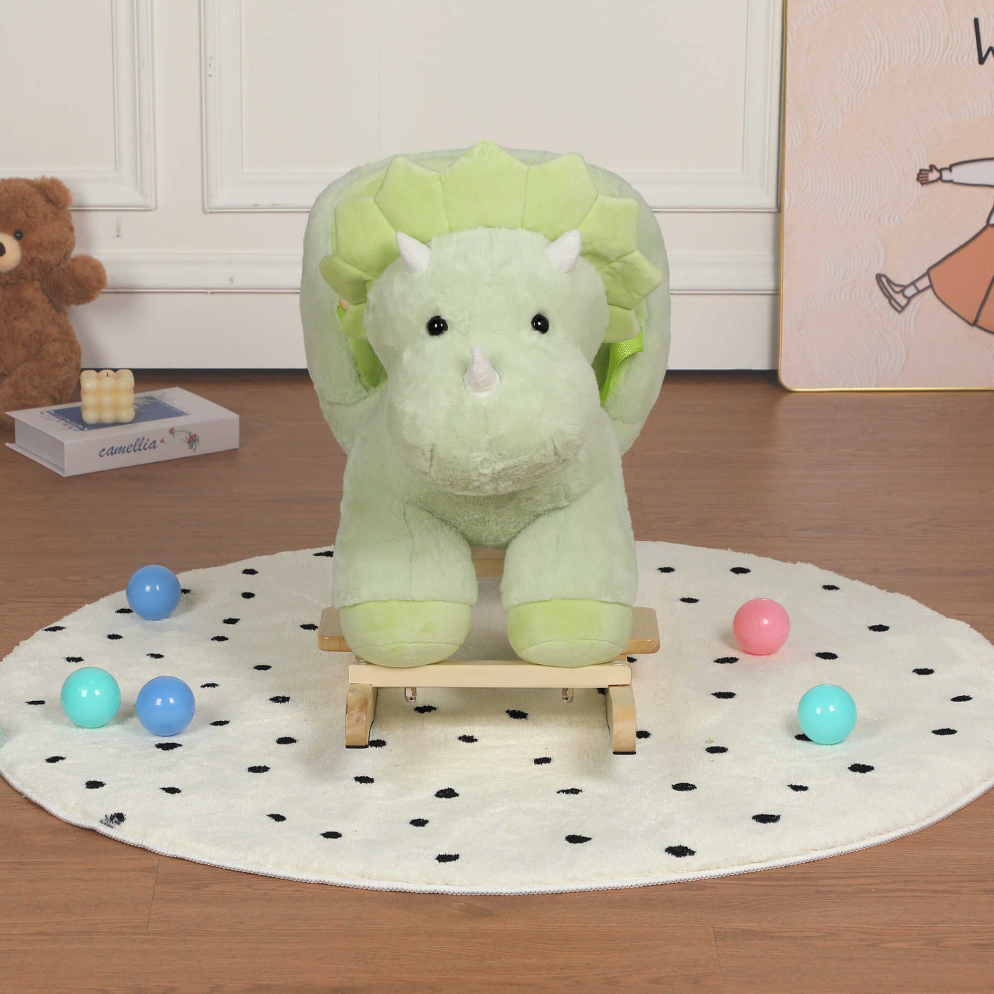 Kids Ride-On Rocking Horse Toy With Lullaby Song, Dinosaur Rocking Toy With Hand Puppets And Safety Belt For Children 1-3 Years, Soft Plush Fabric, Green, CPC Certified — imagen 2