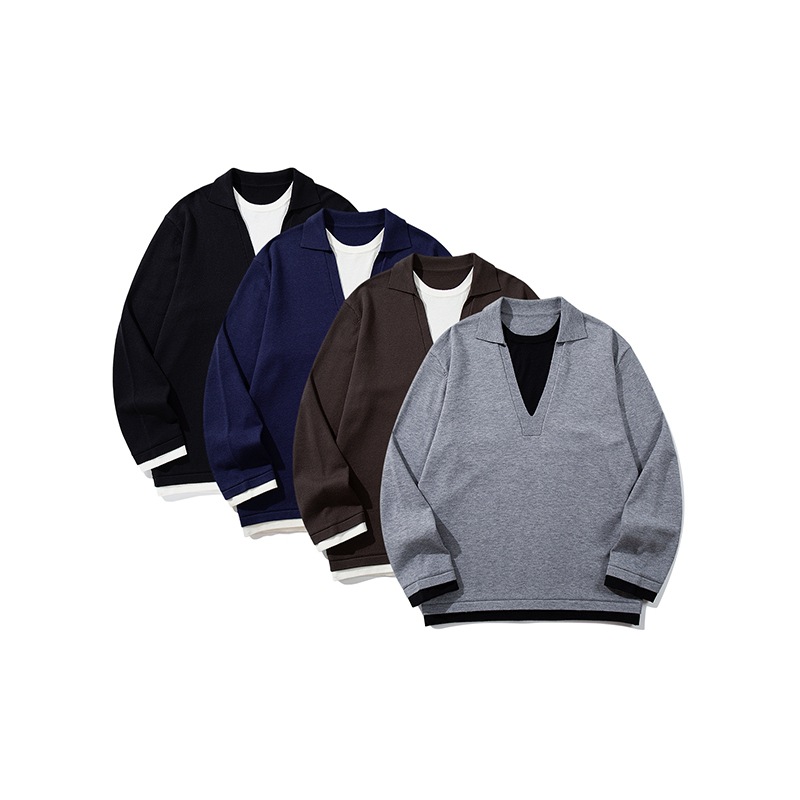 Color-Blocking Seagull Neck False Two-Piece Loose Knit Sweater Pullover — image 6